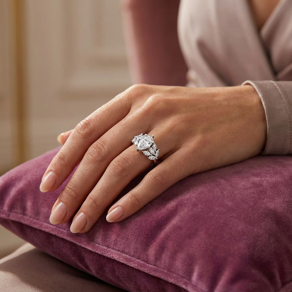 1.90ct Pear Lab Grown Diamond Engagement Ring | Marquise Side Stones | 10K Gold