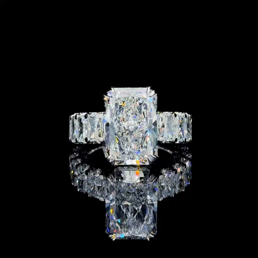 Women's 4ct Cushion Cut Lab Diamond Ring | Emerald Side Stones | 10K Gold