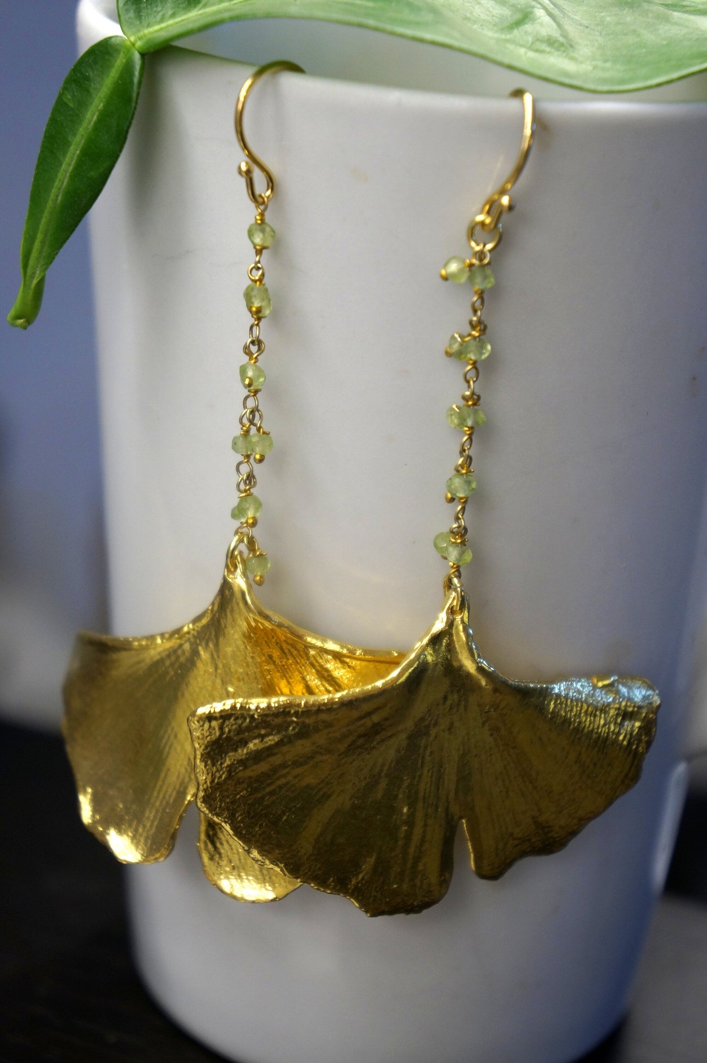 Ginkgo Leaf Earrings | Long Gold Dipped Sterling Silver | Nature Luxury