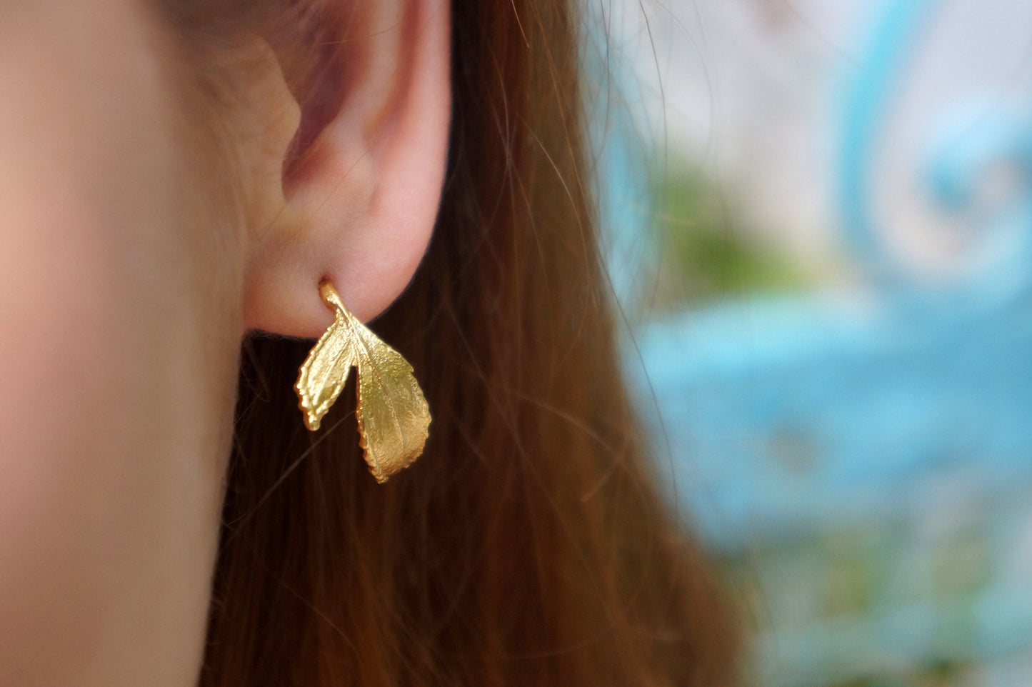 Real Rose Leaf Hoop Earrings | Gold Plated Sterling Silver | Nature Jewelry