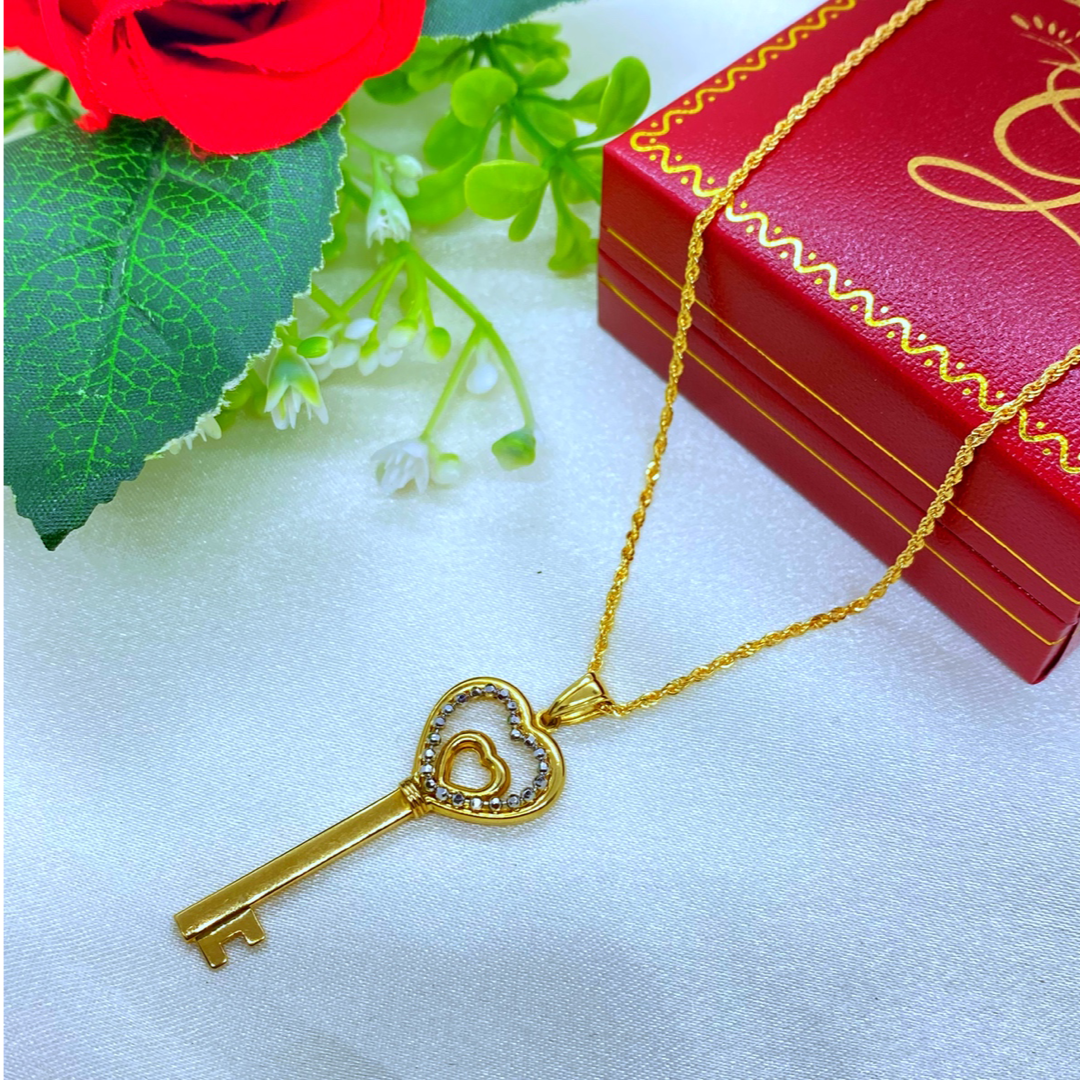 18K Real Gold Heart Key Necklace 18" | Love & Luxury