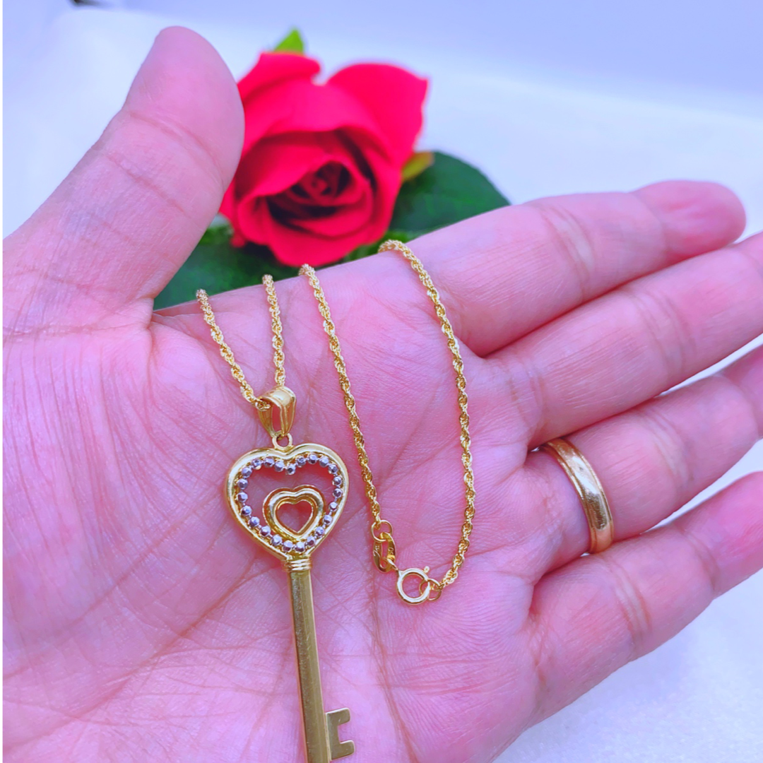 18K Real Gold Heart Key Necklace 18" | Love & Luxury