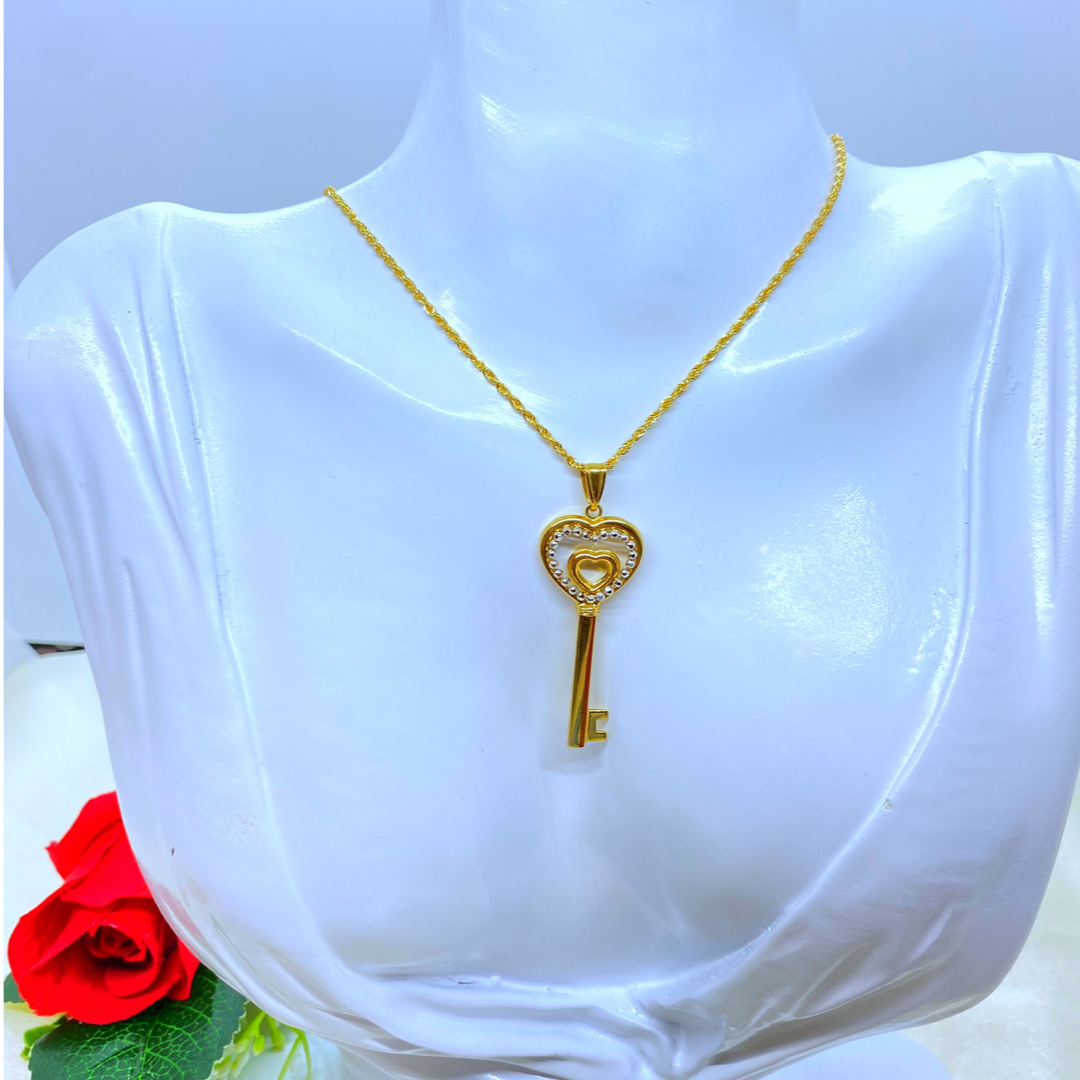 18K Real Gold Heart Key Necklace 18" | Love & Luxury