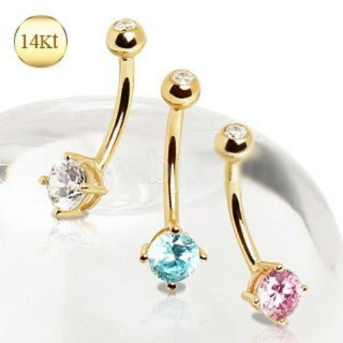 14K Gold Navel Ring | Prong Set Round CZ | Classic Body Jewelry