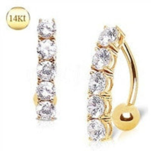14K Yellow Gold Navel Ring | Top Down 5 Round Gems | Body Jewelry
