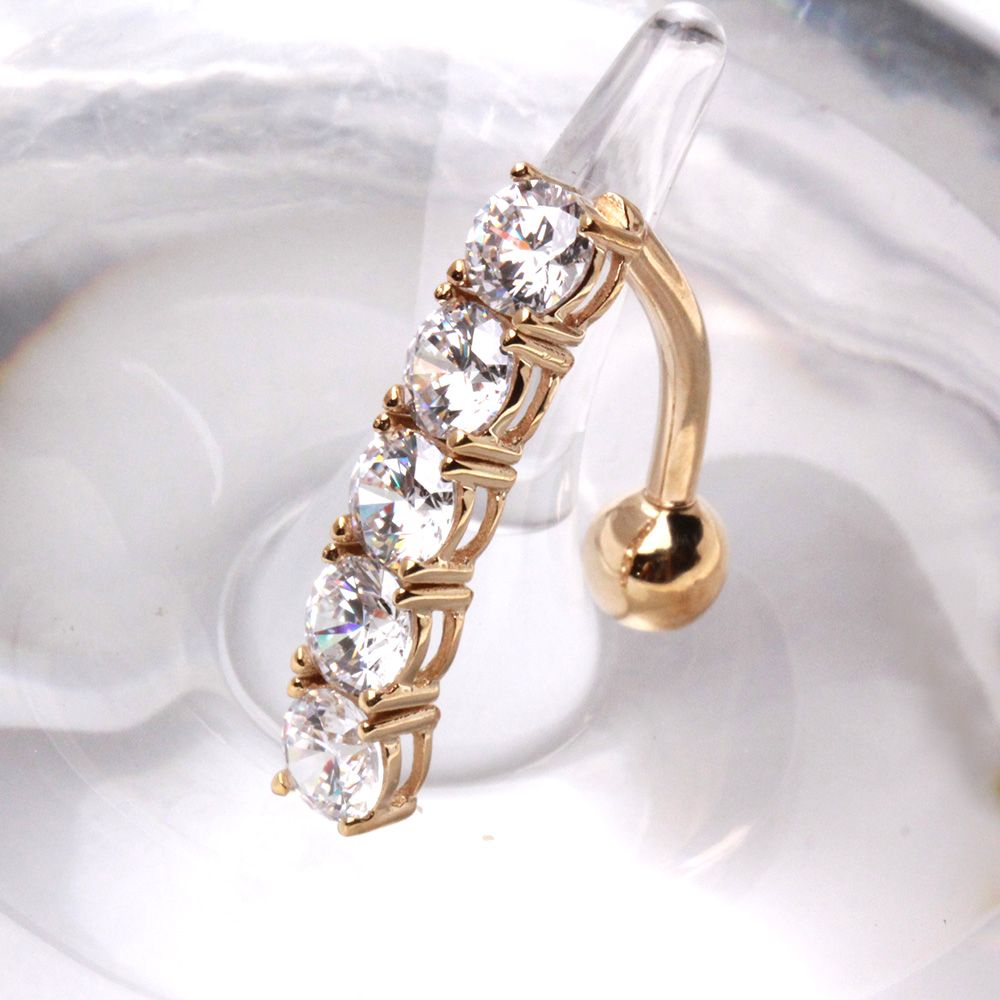 14K Yellow Gold Navel Ring | Top Down 5 Round Gems | Body Jewelry