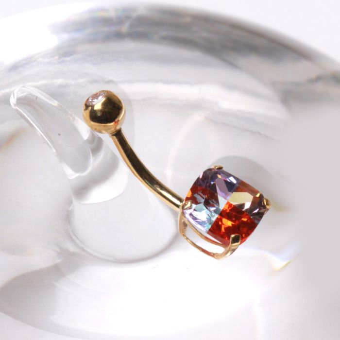 14K Yellow Gold Navel Ring with Miracle Cubic Zirconia | Body Jewelry
