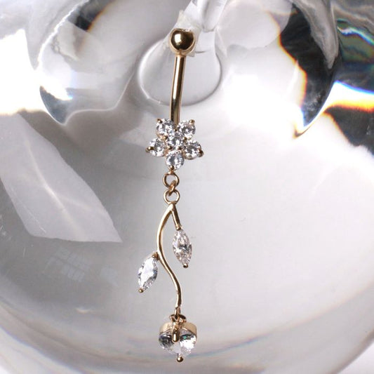 14K Yellow Gold Navel Ring | Flower & Vine Design | Body Jewelry