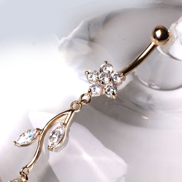 14K Yellow Gold Navel Ring | Flower & Vine Design | Body Jewelry