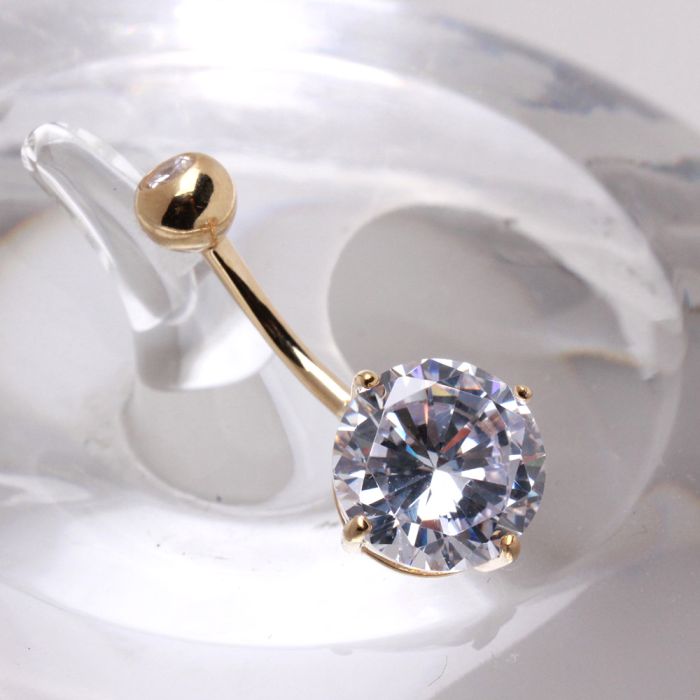 14K Yellow Gold Navel Ring | Large Clear Round Prong Set CZ | Body Jewelry