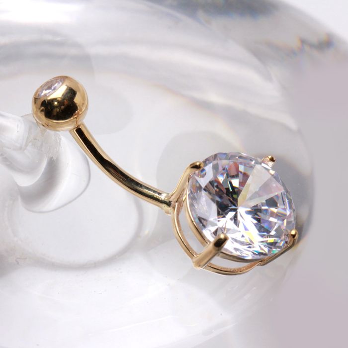 14K Yellow Gold Navel Ring | Large Clear Round Prong Set CZ | Body Jewelry