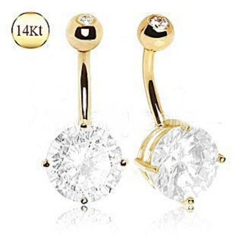 14K Yellow Gold Navel Ring | Large Clear Round Prong Set CZ | Body Jewelry
