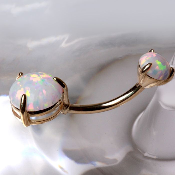 14K Yellow Gold Navel Ring | Prong Set White Synthetic Opal | Body Jewelry