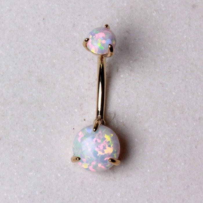 14K Yellow Gold Navel Ring | Prong Set White Synthetic Opal | Body Jewelry