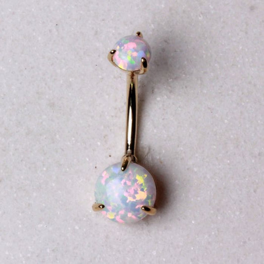 14K Yellow Gold Navel Ring | Prong Set White Synthetic Opal | Body Jewelry