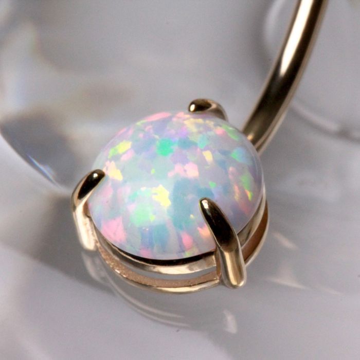 14K Yellow Gold Navel Ring | Prong Set White Synthetic Opal | Body Jewelry
