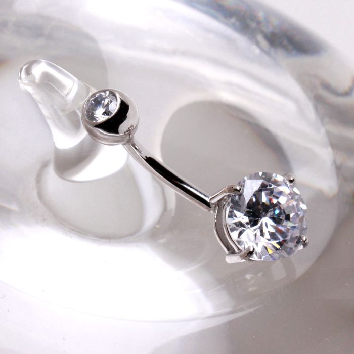 14K White Gold Navel Ring | Prong Set CZ | Body Jewelry