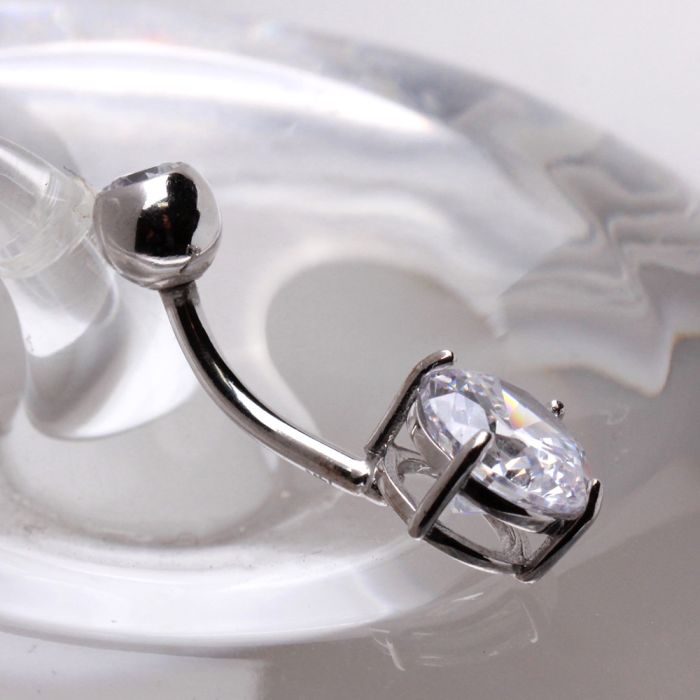 14K White Gold Navel Ring | Prong Set CZ | Body Jewelry